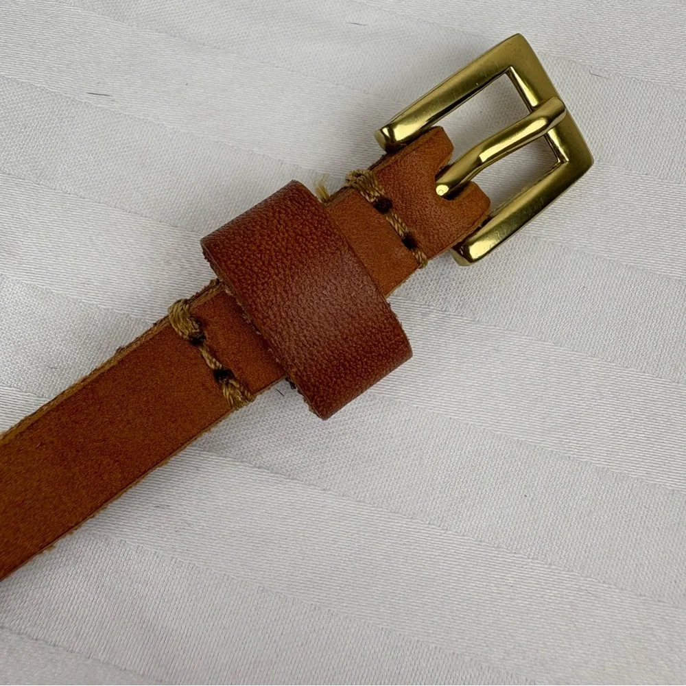 Light Brown Tan Leather Belt Goldtone Silvertone Studded Skinny Belt‎ Bohemian